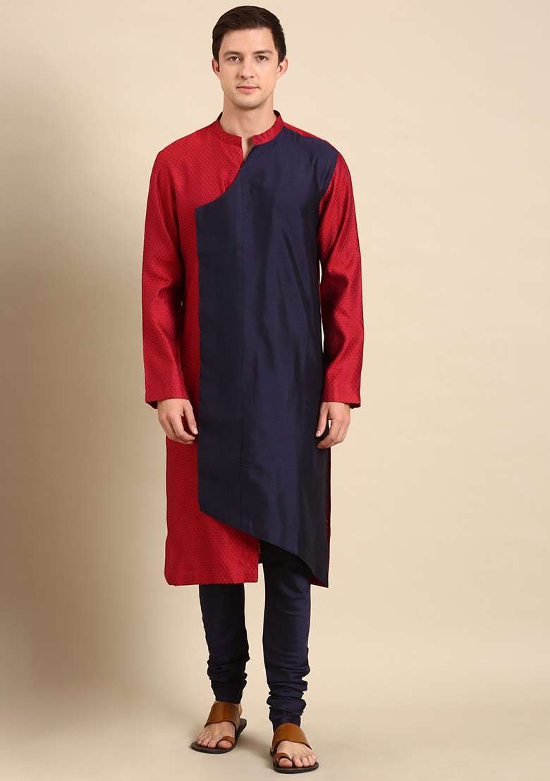 Red And Blue Silk Blend Jacquard Kurta Set For Men - Indya