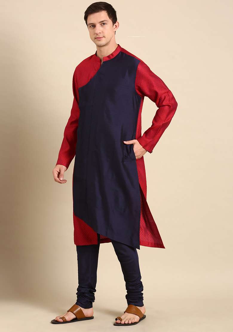 Red And Blue Silk Blend Jacquard Kurta Set For Men - Indya