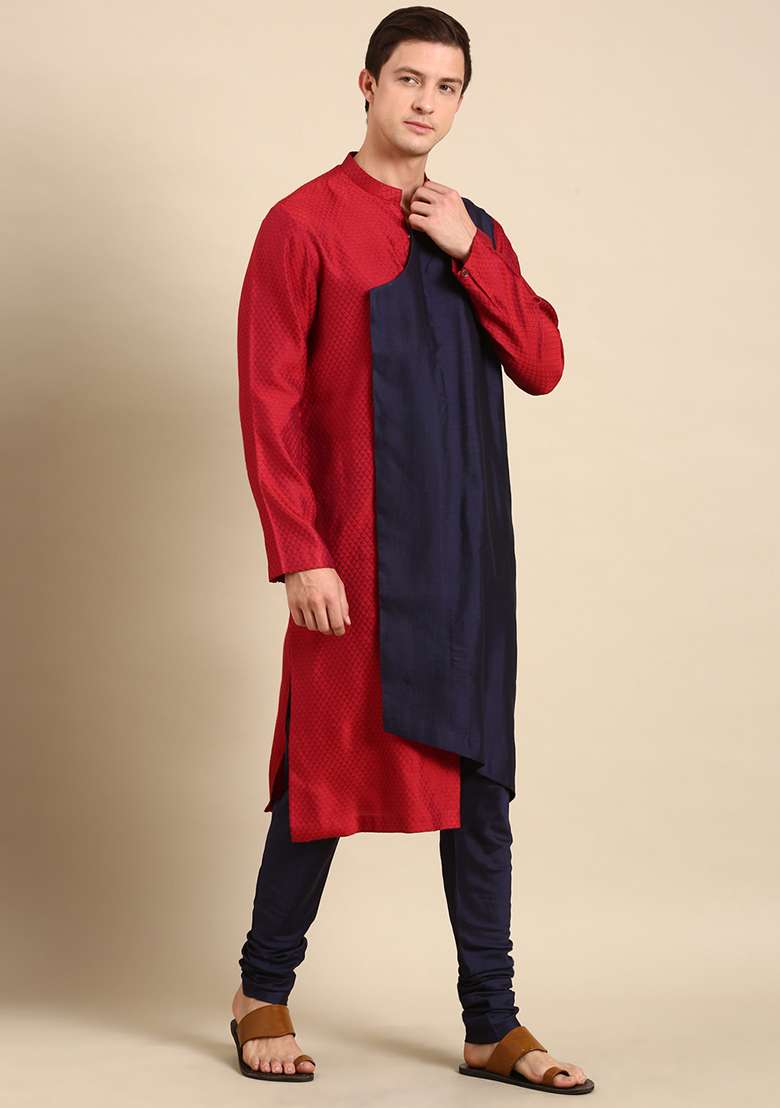 Red And Blue Silk Blend Jacquard Kurta Set For Men - Indya