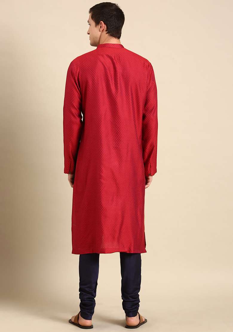 Red And Blue Silk Blend Jacquard Kurta Set For Men - Indya