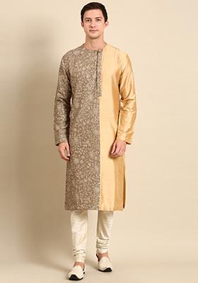 Brown And Gold Silk Chanderi Kurta Set For Men