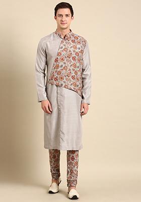 Silver Grey Floral Muslin Kurta Set For Men