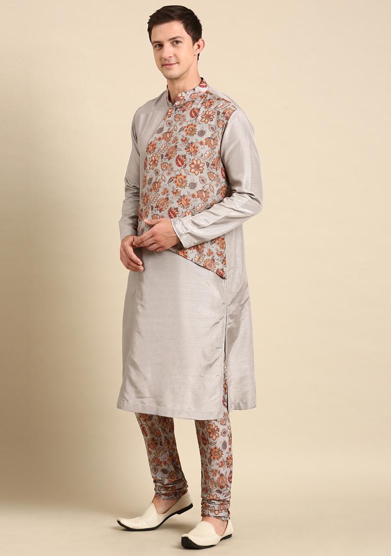 Silver Grey Floral Muslin Kurta Set For Men