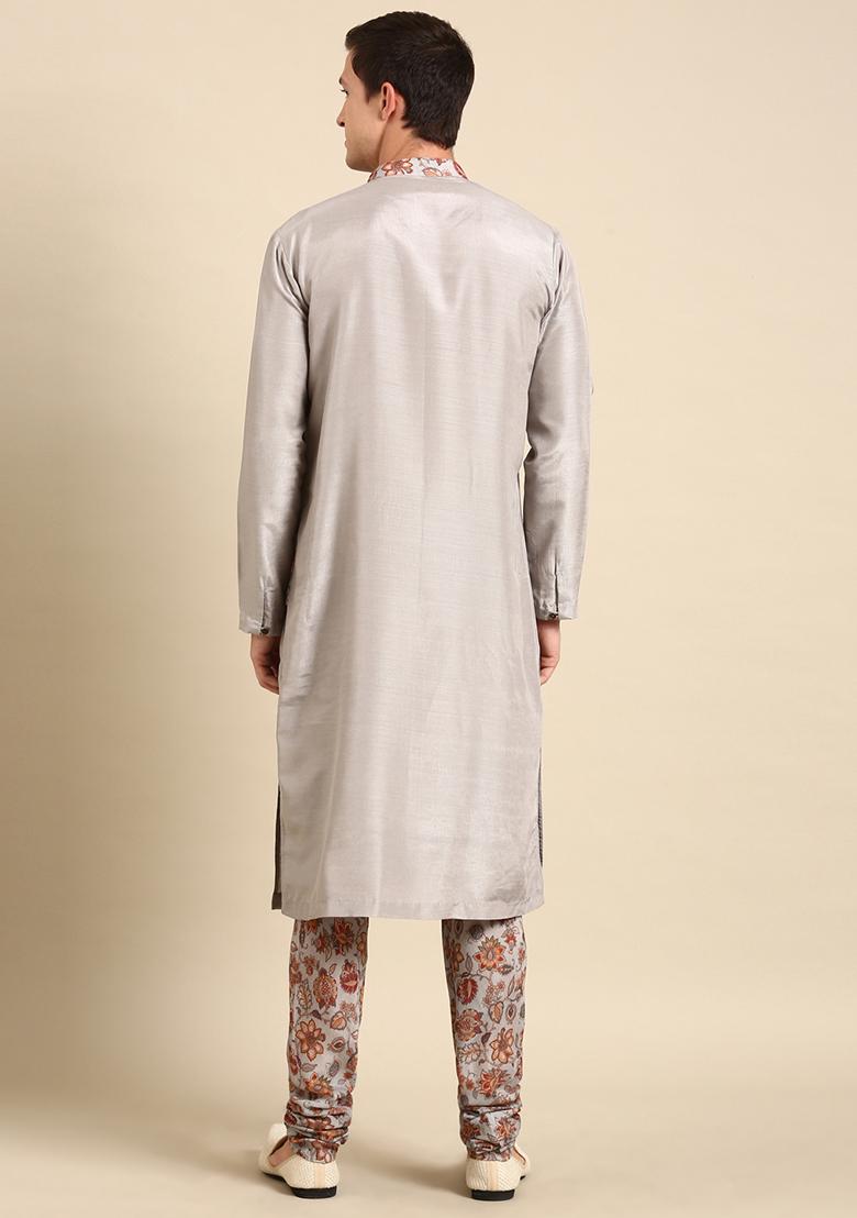 Silver Grey Floral Muslin Kurta Set For Men
