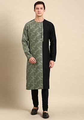 Black And Green Chanderi Silk Kurta Set For Men