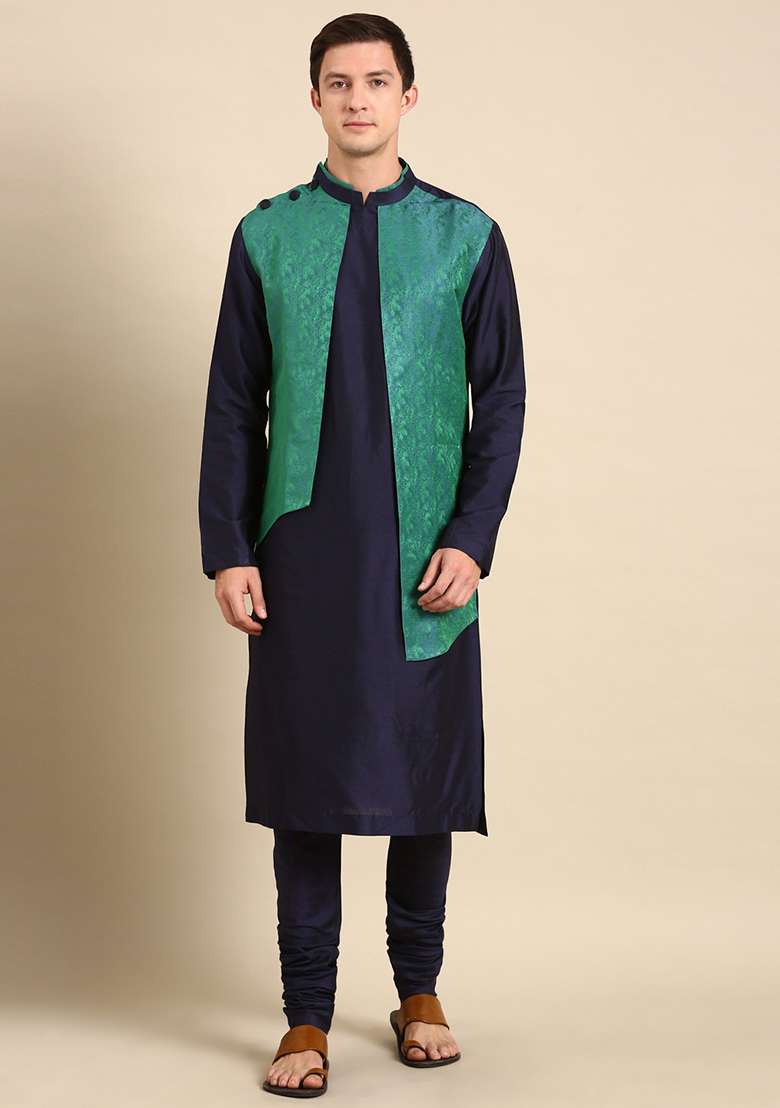 Green And Blue Jacquard Silk Blend Kurta Set For Men - Indya