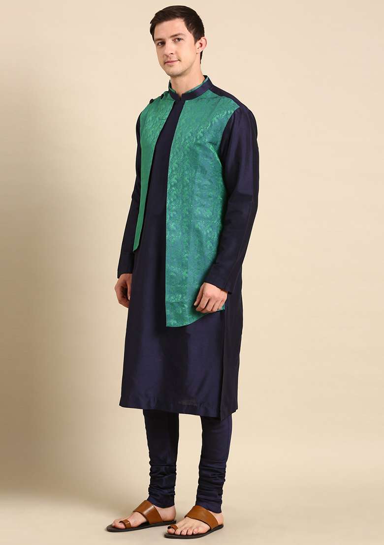 Green And Blue Jacquard Silk Blend Kurta Set For Men - Indya
