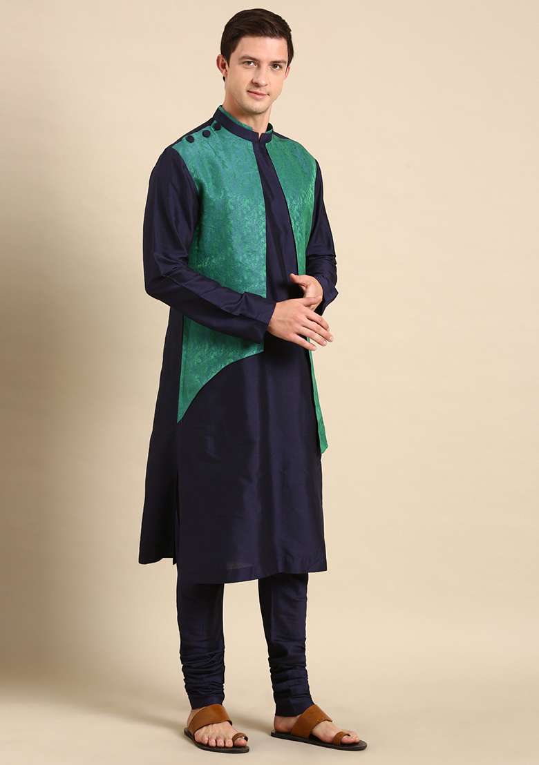 Green And Blue Jacquard Silk Blend Kurta Set For Men - Indya