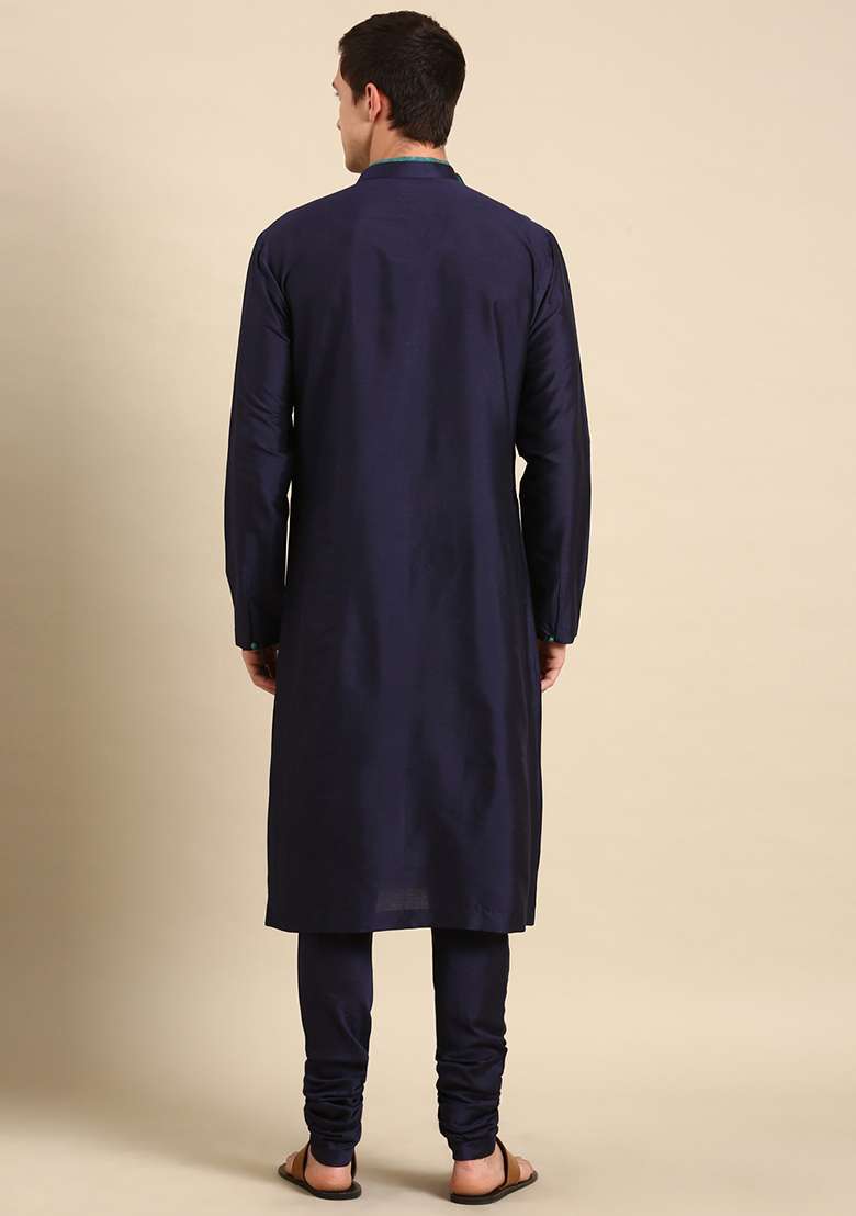 Green And Blue Jacquard Silk Blend Kurta Set For Men - Indya