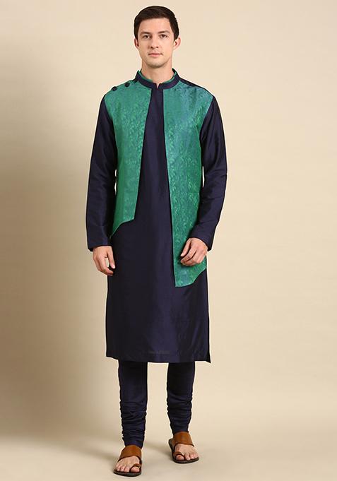 Green And Blue Jacquard Silk Kurta Set For Men