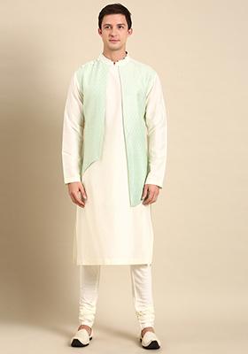 Cream And Green Jacquard Silk Kurta Set For Men