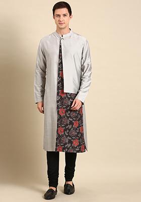 Silver And Black Printed Muslin Kurta Set For Men