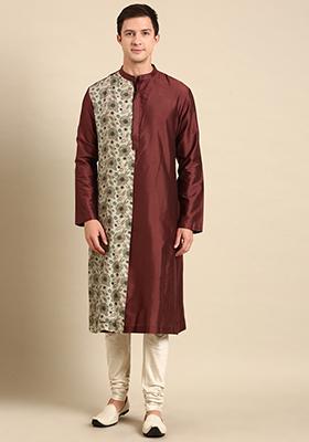 Brown And Cream Printed Silk Cotton Kurta Set For Men