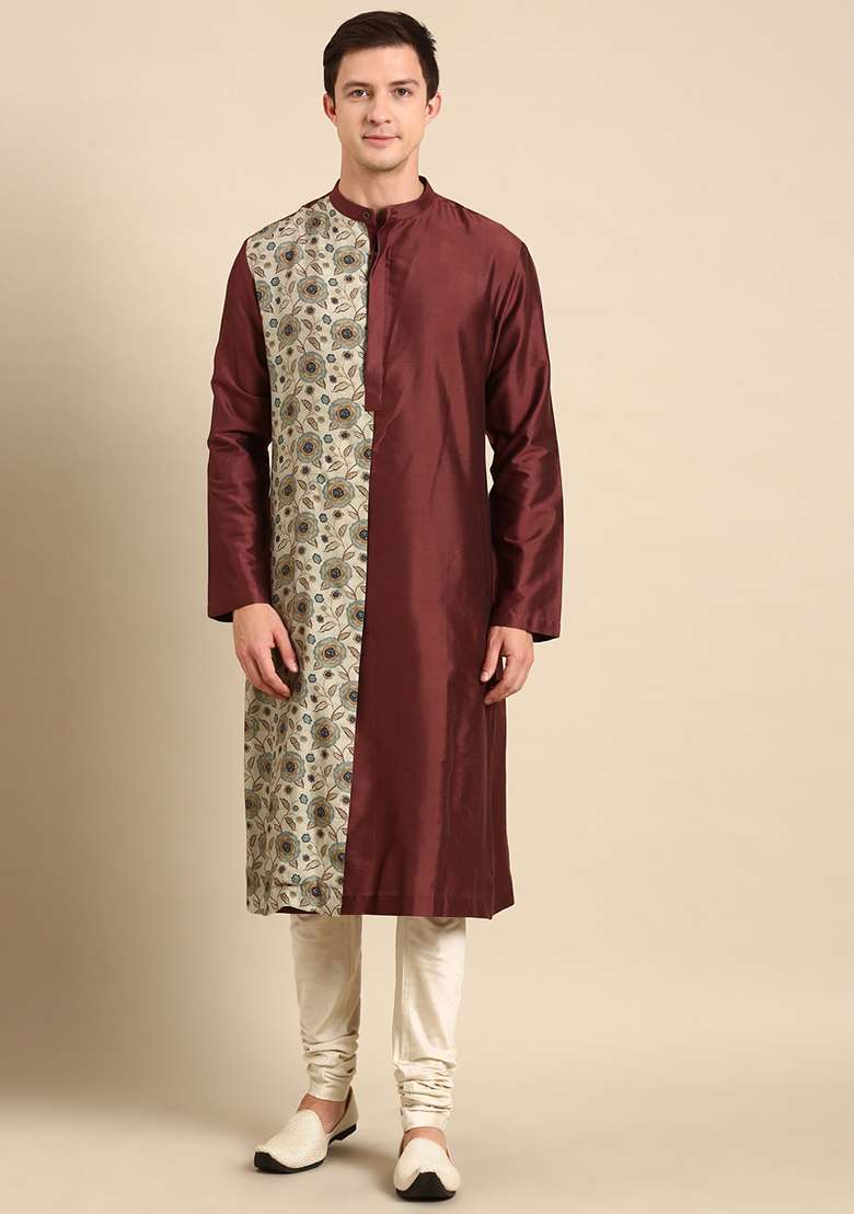Brown And Cream Printed Silk Blend Cotton Kurta Set For Men - Indya