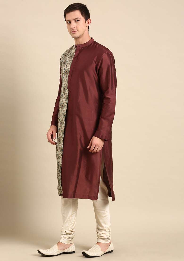 Brown And Cream Printed Silk Blend Cotton Kurta Set For Men - Indya