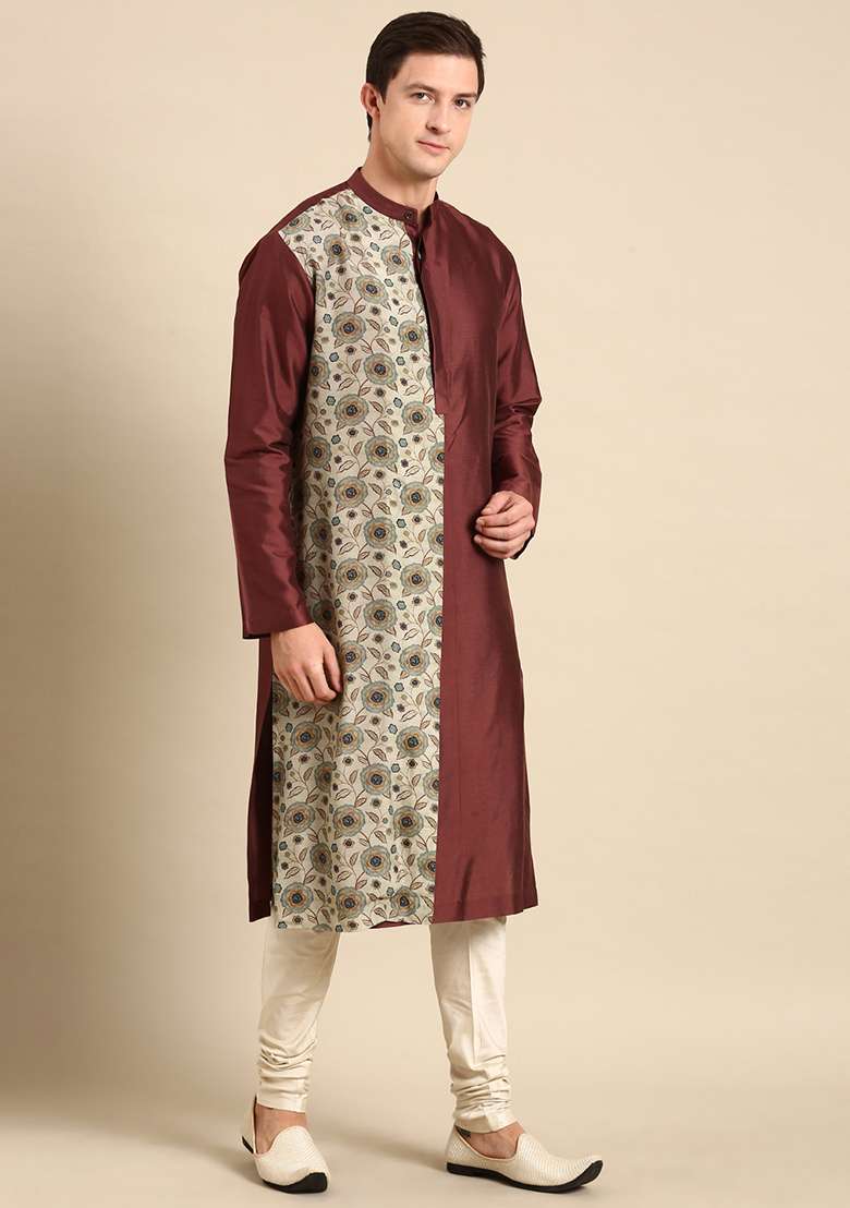 Brown And Cream Printed Silk Blend Cotton Kurta Set For Men - Indya