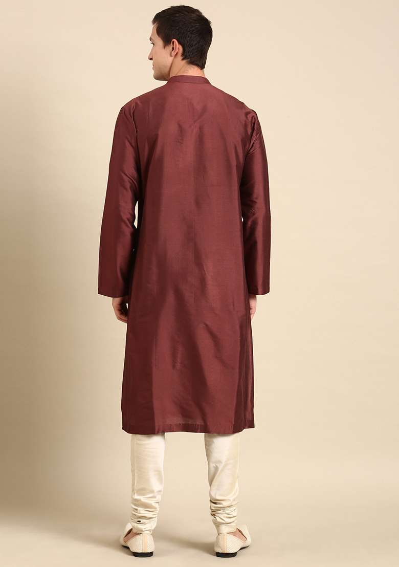 Brown And Cream Printed Silk Blend Cotton Kurta Set For Men - Indya