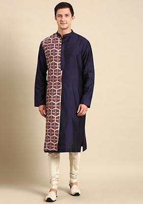 Blue And Peach Printed Kurta Set For Men