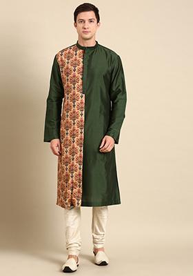 Green And Beige Printed Silk Muslin Kurta Set For Men