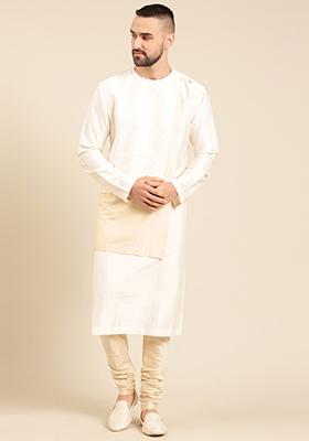 Ivory And Beige Silk Jacquard Kurta Set For Men