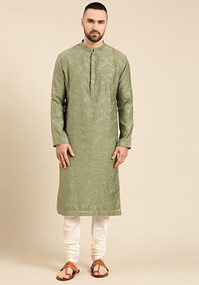 Pastel Green Silk Chanderi Kurta Set For Men