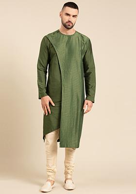 Olive Green Asymmetric Kurta Set For Men