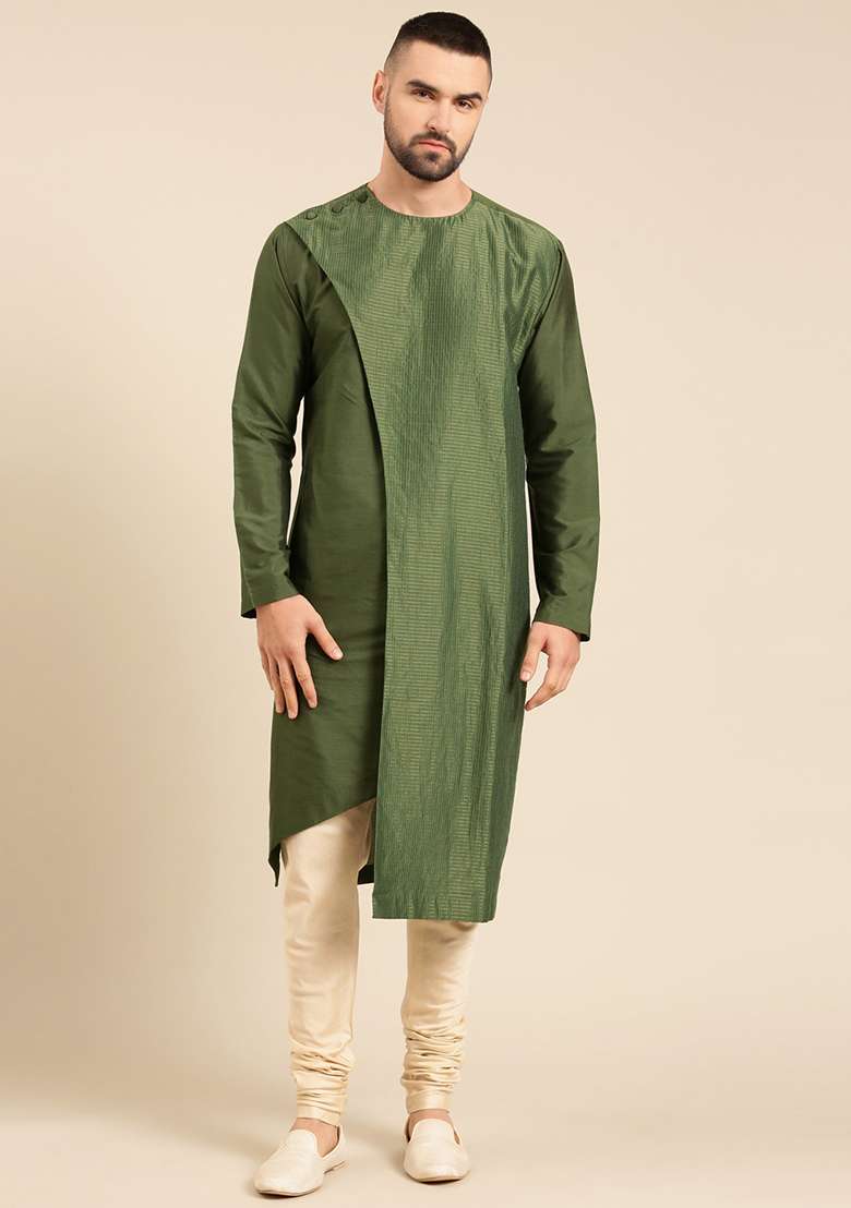Olive Green Asymmetric Kurta Set For Men - Indya