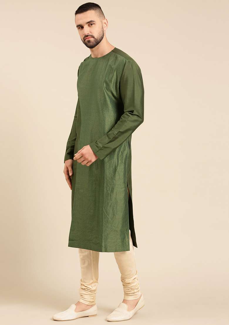 Olive Green Asymmetric Kurta Set For Men - Indya