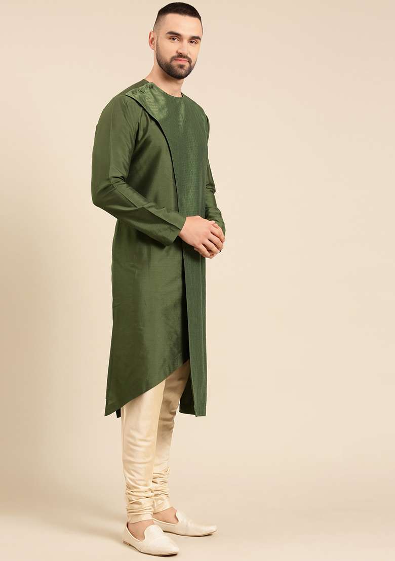 Olive Green Asymmetric Kurta Set For Men - Indya