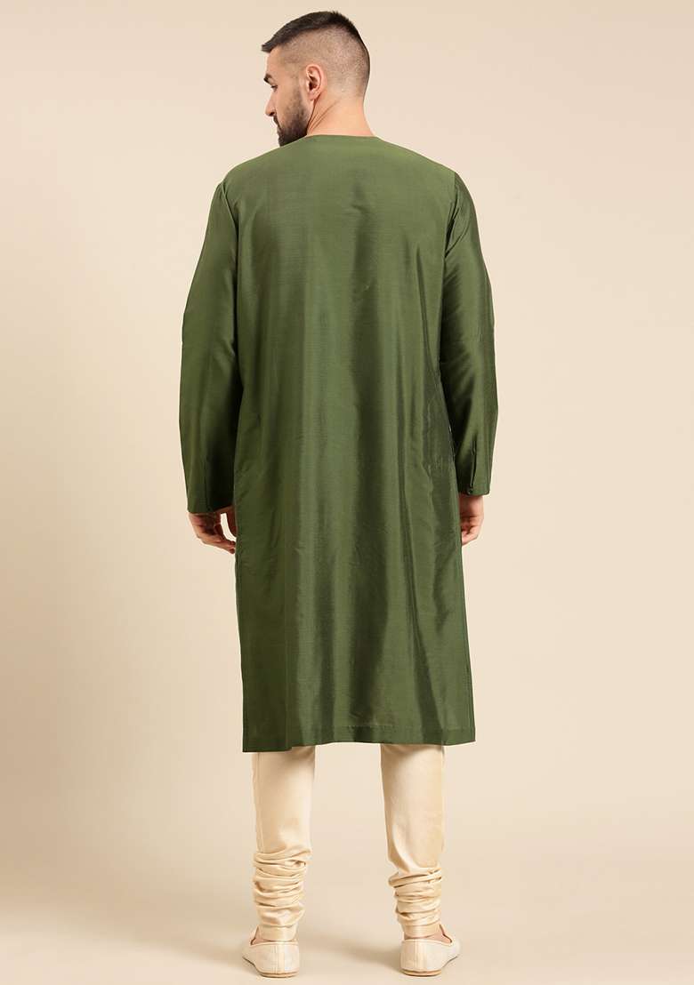 Olive Green Asymmetric Kurta Set For Men - Indya