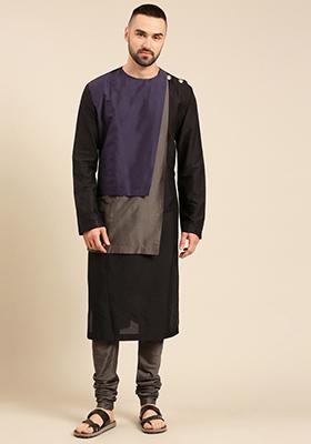 Black And Blue Tri Colour Kurta Set For Men