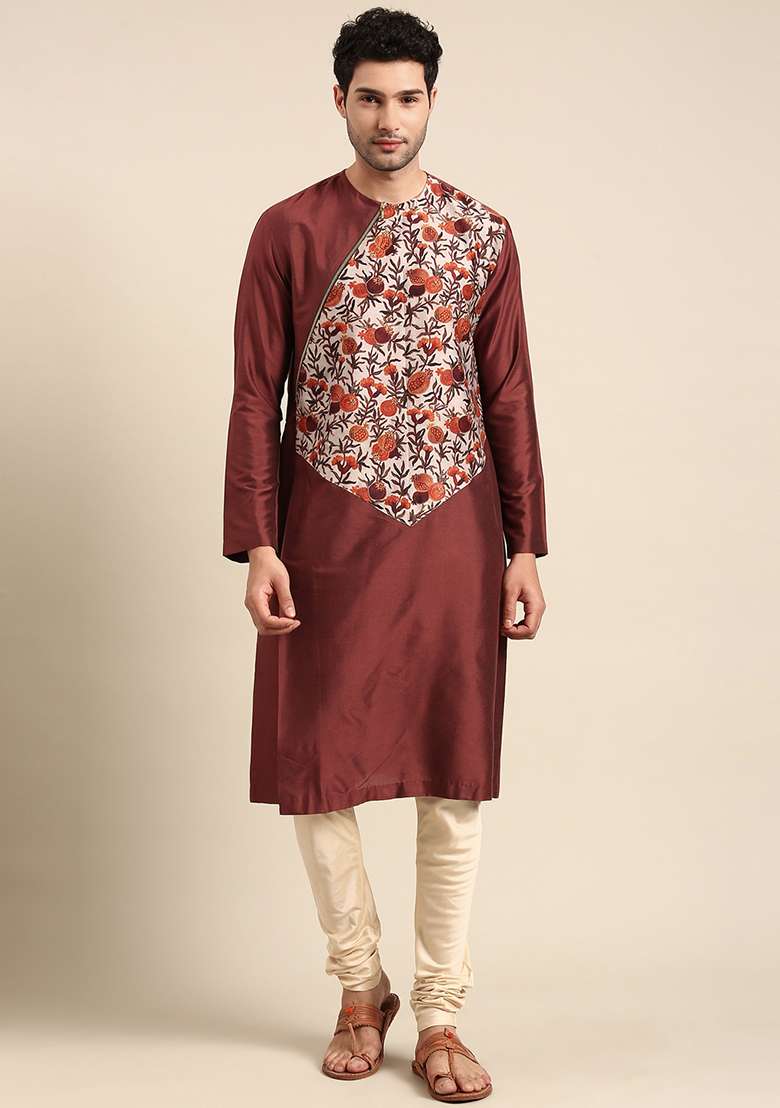 Brown Floral Print Silk Blend Cotton Kurta Set For Men - Indya