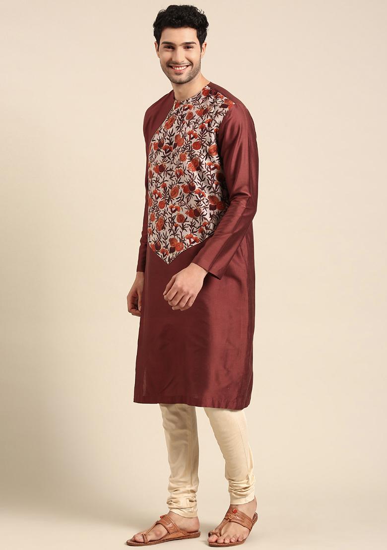 Brown Floral Print Silk Cotton Kurta Set For Men