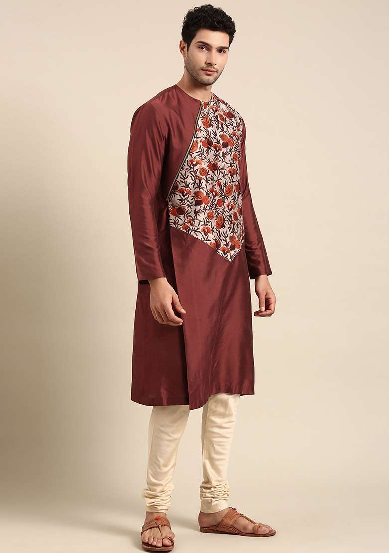 Brown Floral Print Silk Blend Cotton Kurta Set For Men - Indya