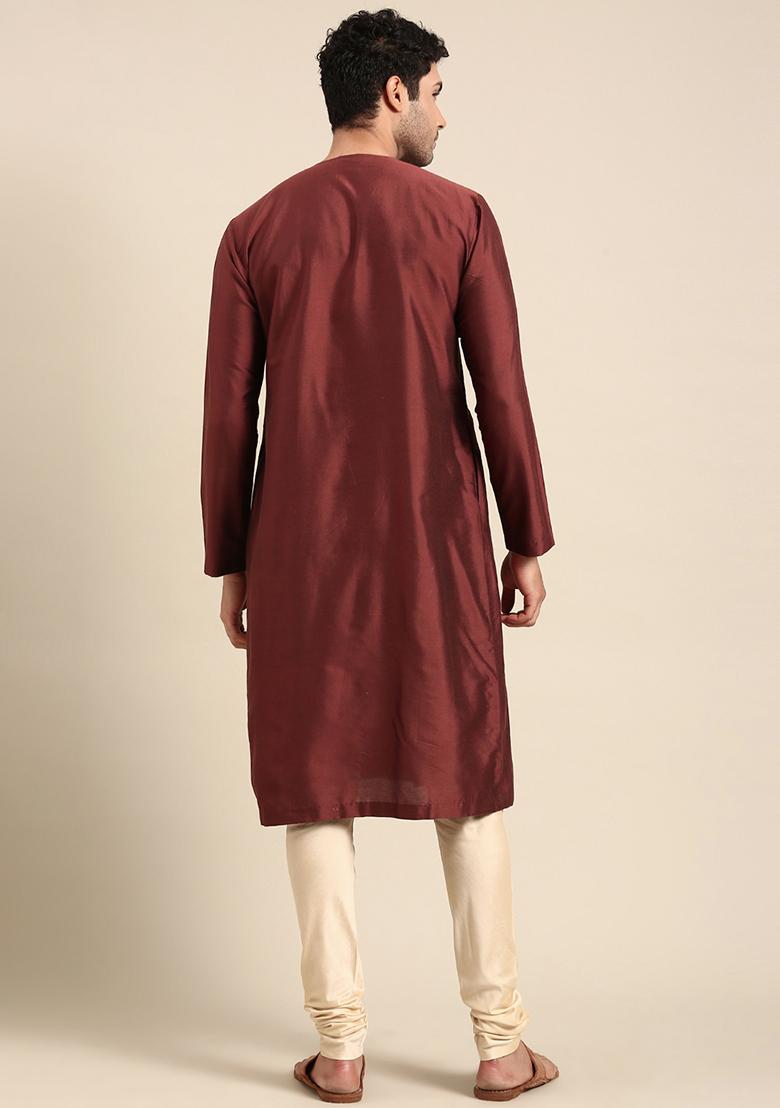 Brown Floral Print Silk Cotton Kurta Set For Men