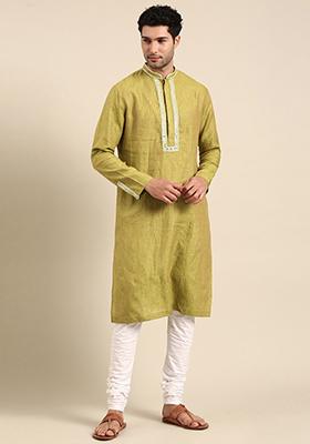 Green Embroidered Linen Kurta Set For Men