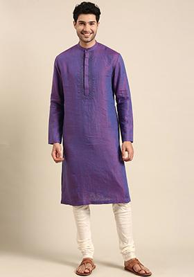 Purple Embroidered Linen Kurta Set For Men
