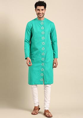 Sea Green Embroidered Linen Kurta Set For Men