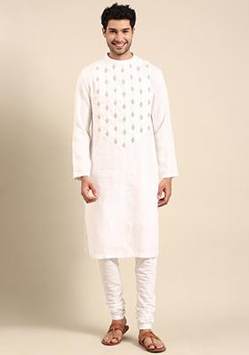 Ivory Embroidered Linen Kurta Set For Men