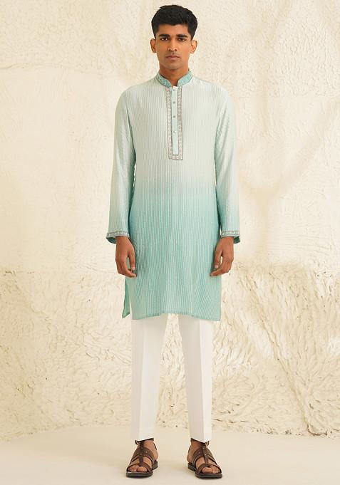 Blue Thread Embroidered Ombre Kurta Set For Men