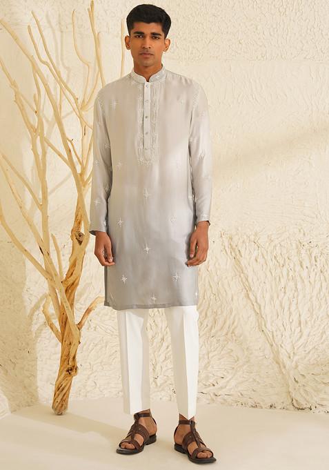 Grey Hand Embroidered Ombre Kurta Set For Men
