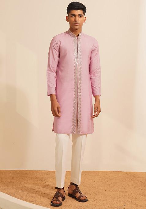 Lilac Hand Embroidered Kurta Set For Men