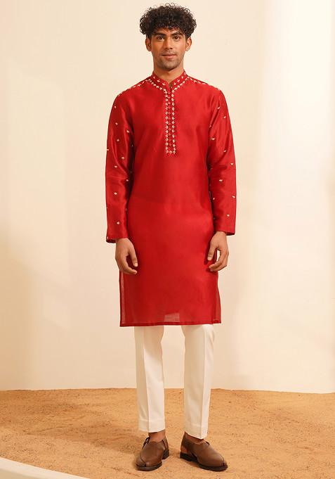 Red Hand Embroidered Kurta Set For Men