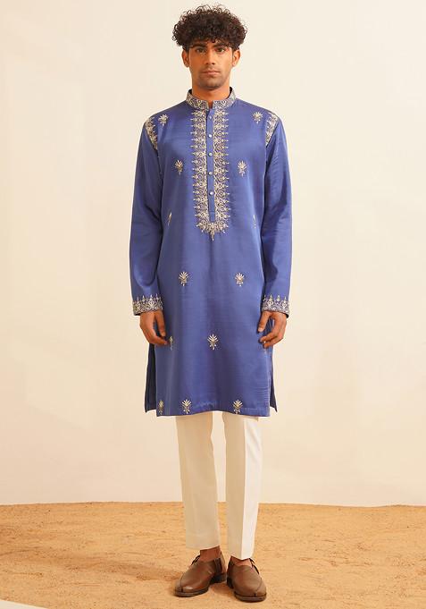 Electric Blue Embroidered Chanderi Silk Kurta Set For Men