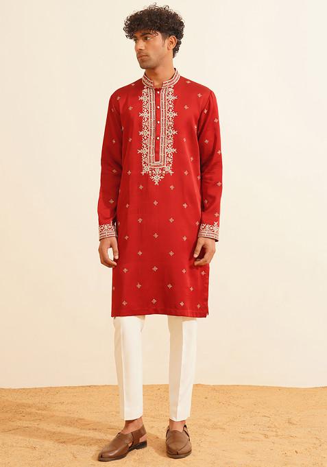 Red Embroidered Chanderi Silk Kurta Set For Men
