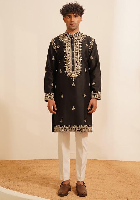 Black Embellished Chanderi Silk Kurta Set For Men