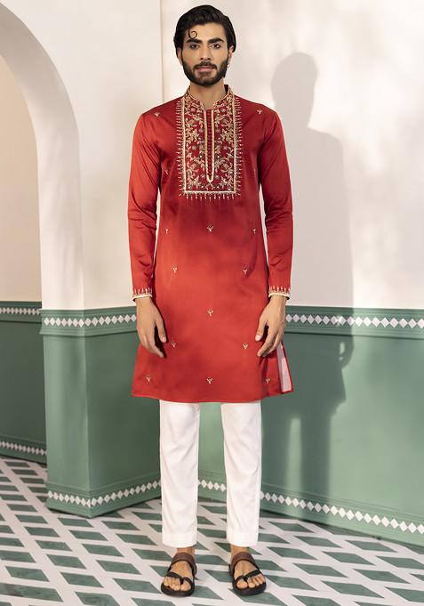 Red Bead Thread Embroidered Kurta Set For Men