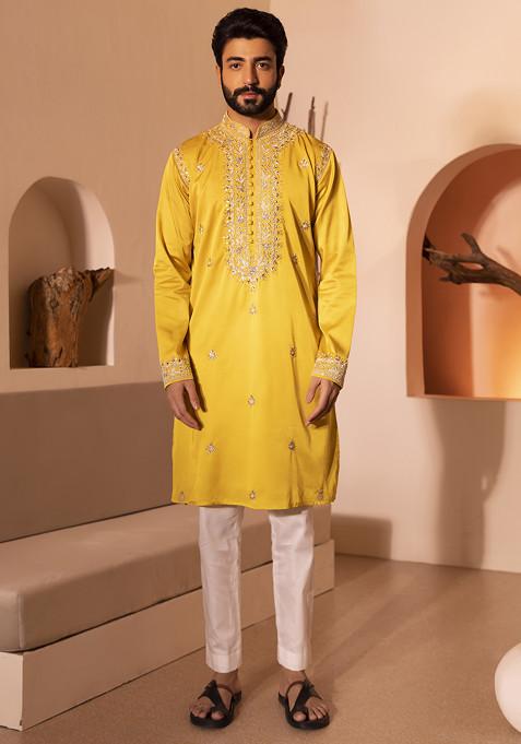 Yellow Sequin Hand Embroidered Kurta Set For Men