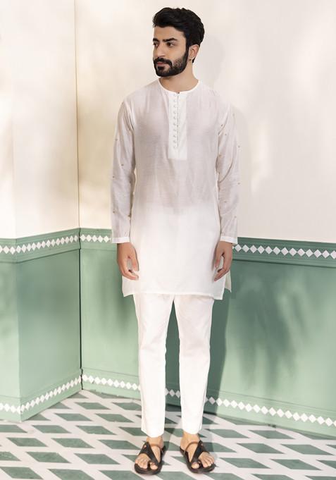 White Embroidered Sleeve Kurta Set For Men