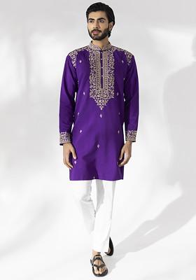Purple Floral Hand Embroidered Kurta Set For Men
